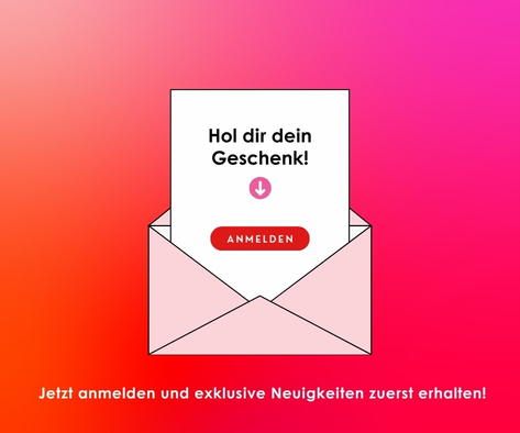 Ein sich öffnendes Briefkuvert auf pinkem Hintergrund. Darauf steht der Hinweis, dass man sich zum Newsletter anmelden kann und dafür eine gratis Kurzgeschichte bekommt.